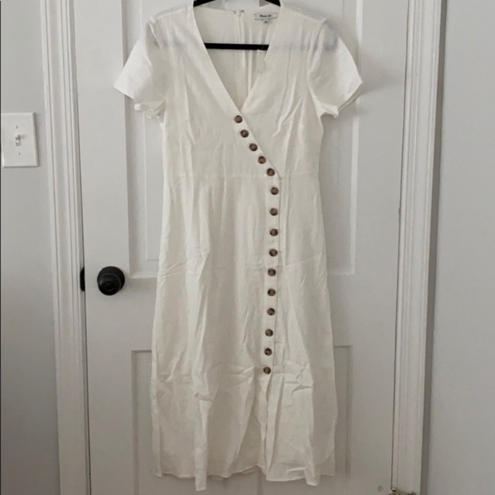 Madewell linen-blend button-wrap midi dress